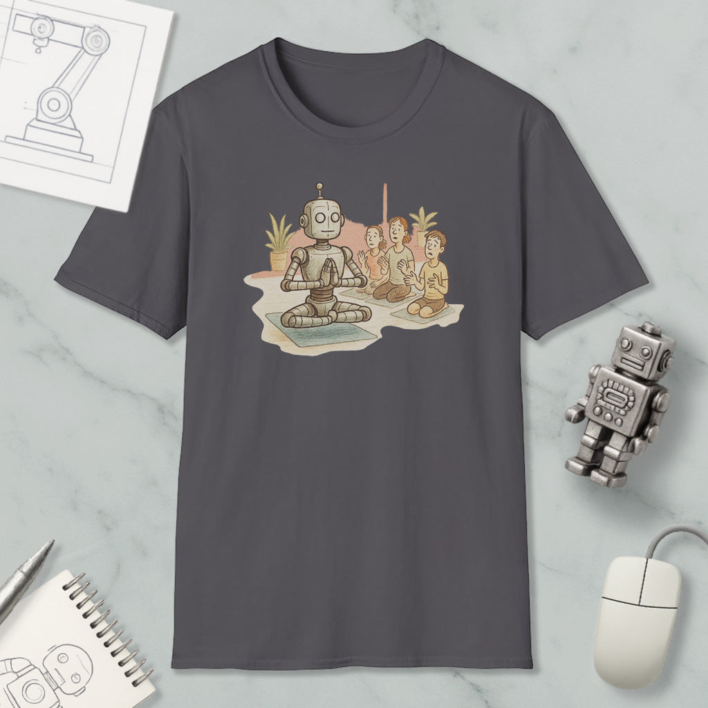 a gray t-shirt with a cartoon illustration of a robot sitting in a meditative pose, surrounded by three smaller figures, likely representing humans. The t-shirt is displayed on a marble surface, along with a computer mouse, a notepad, and a small robot figurine.