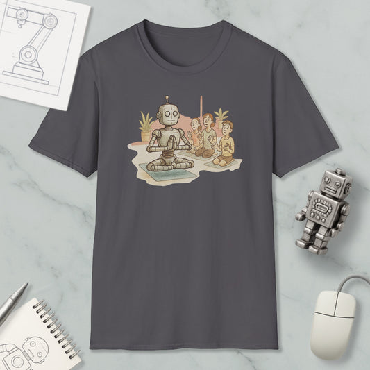 a gray t-shirt with a cartoon illustration of a robot sitting in a meditative pose, surrounded by three smaller figures, likely representing humans. The t-shirt is displayed on a marble surface, along with a computer mouse, a notepad, and a small robot figurine.