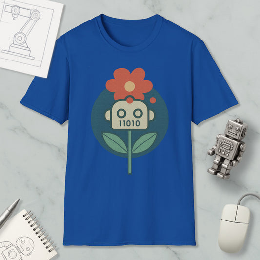 a blue t-shirt with a graphic design of a flower and a robot, along with various objects such as a computer mouse, a notebook, and a robot figurine.