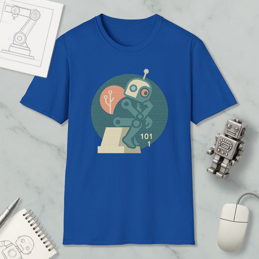 a blue t-shirt with a graphic design of a robot, along with various office supplies and a computer mouse.