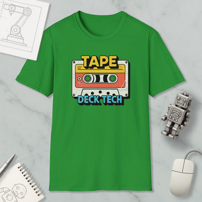 a green t-shirt with a graphic design of a cassette tape and the text "TAPE Deck Tech" printed on it, along with a small robot and a computer mouse.