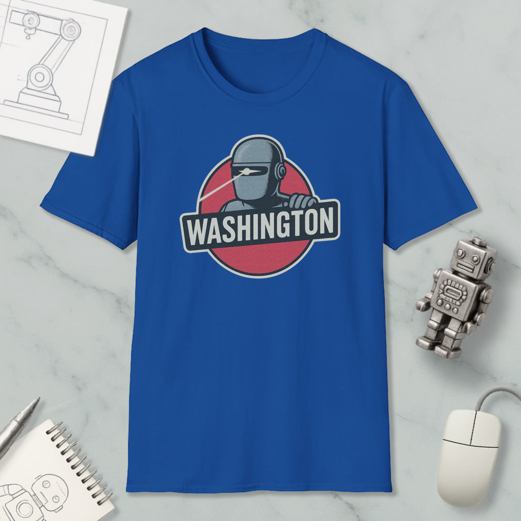 a blue t-shirt with a graphic design of a robot and the word "WASHINGTON" printed on it, along with a computer mouse and a notebook.