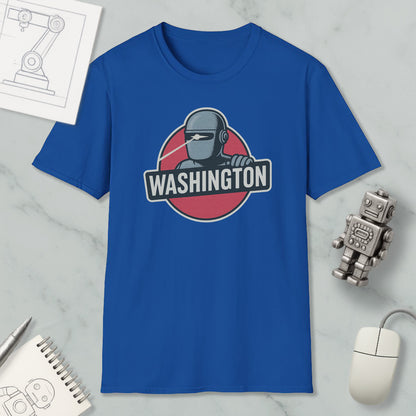 a blue t-shirt with a graphic design of a robot and the word "WASHINGTON" printed on it, along with a computer mouse and a notebook.