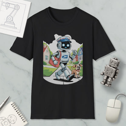 A black t-shirt with a cartoon image of a robot walking down the street with a dog, accompanied by a computer mouse and a notebook.