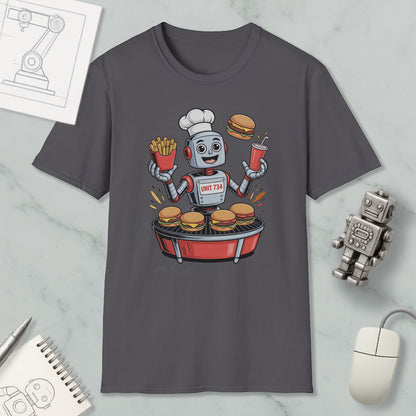 A t-shirt with a cartoon robot chef preparing hamburgers and french fries, surrounded by various objects such as a computer mouse, a notebook, and a robot toy.