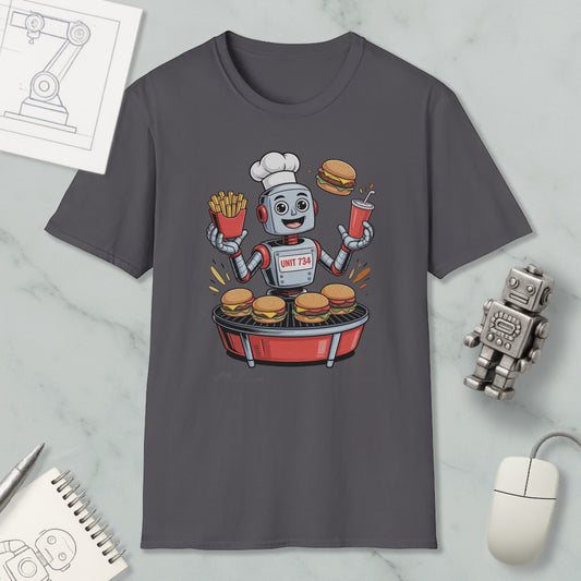 A t-shirt with a cartoon robot chef preparing hamburgers and french fries, surrounded by various objects such as a computer mouse, a notebook, and a robot toy.