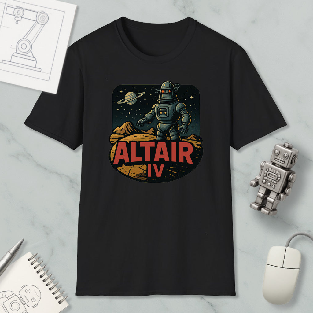 a black t-shirt with a graphic design depicting a robot standing on a rocky surface with a planet in the background, along with the text "ALT AIR IV".