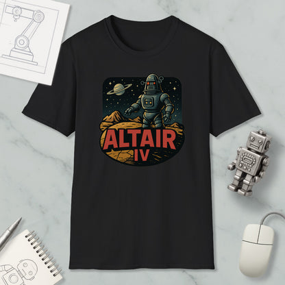 a black t-shirt with a graphic design depicting a robot standing on a rocky surface with a planet in the background, along with the text "ALT AIR IV".