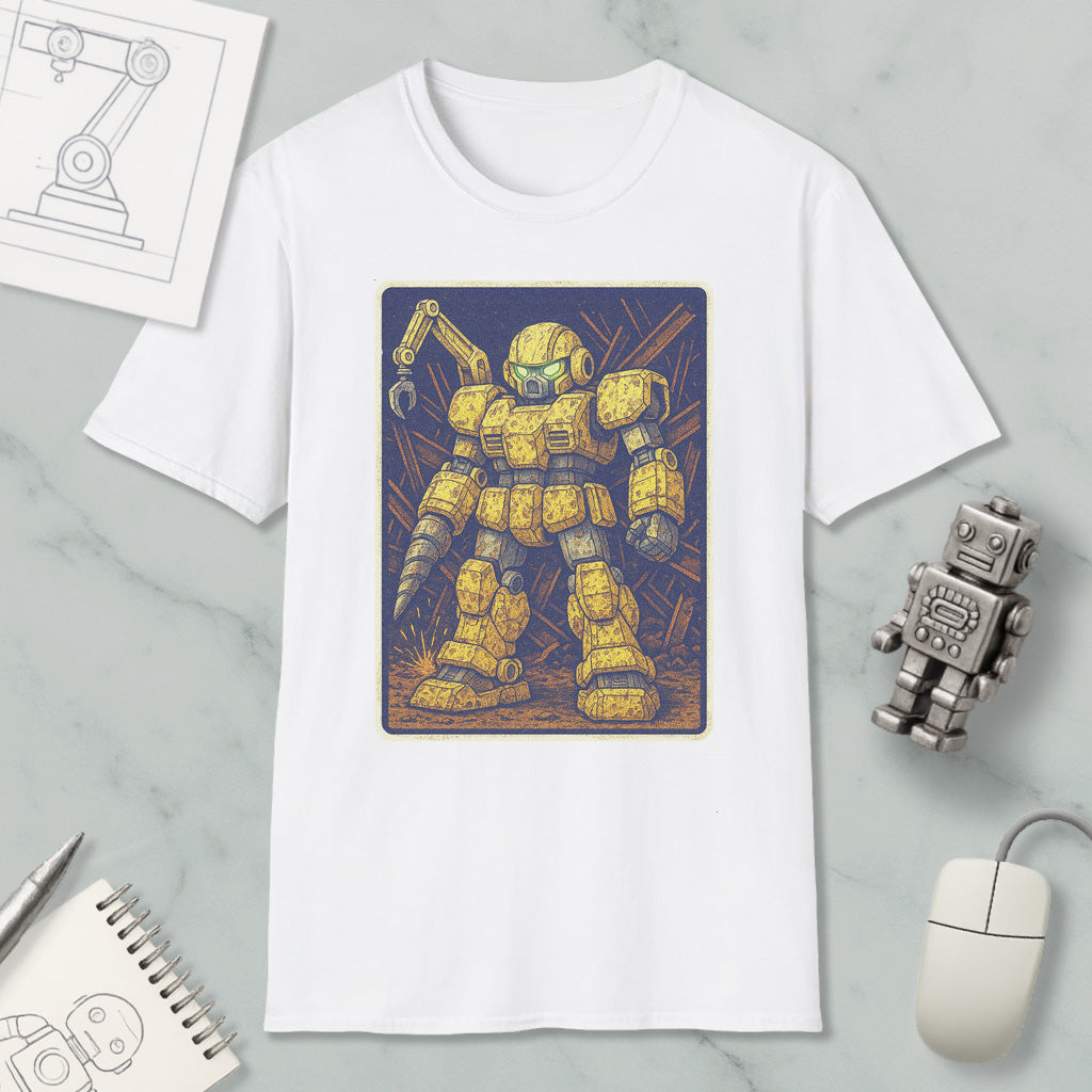 a white t-shirt with a graphic design of a yellow robot or robot-like figure, surrounded by various objects such as a computer mouse, a pen, and a notebook.