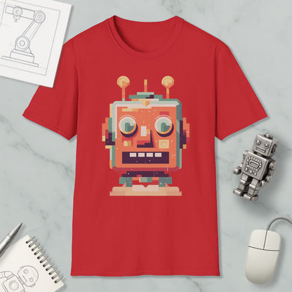 a red t-shirt with a colorful robot design, along with various objects such as a computer mouse, a pen, and a notebook.