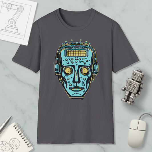 a gray t-shirt with a graphic design of a robot or humanoid face, surrounded by various objects such as a computer mouse, a notebook, and a pen.