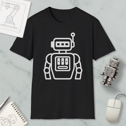a black t-shirt with a white robot graphic printed on it, along with a small robot figurine and a computer mouse.