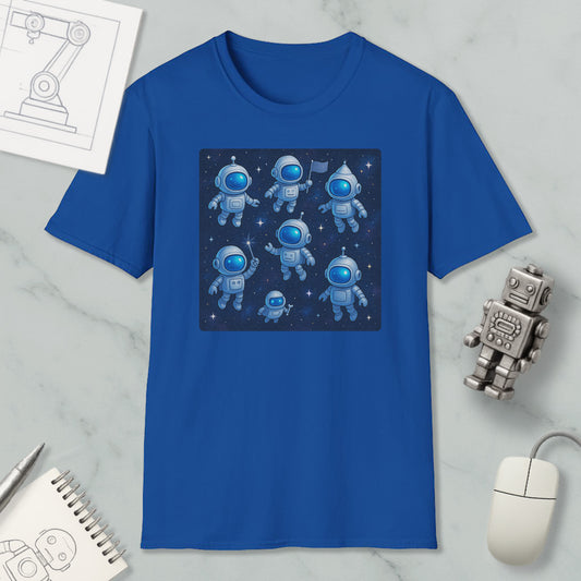 a blue t-shirt with a graphic design of seven cartoon-like astronaut figures in a space-themed setting, surrounded by stars. The t-shirt is displayed on a marble surface, along with a computer mouse, a spiral notebook, and a small robot figurine.