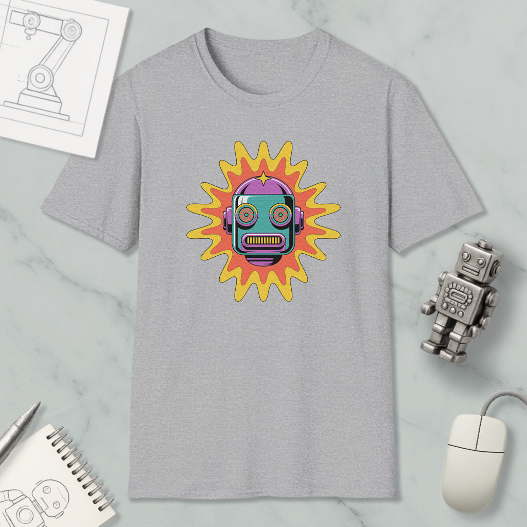 a gray t-shirt with a colorful robot design, along with a computer mouse, a notebook, and a sketch of a robot.