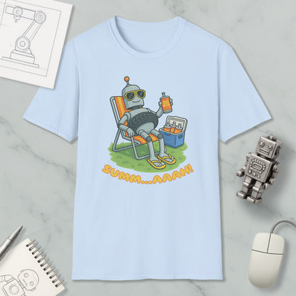 A light blue t-shirt with a cartoon robot sitting in a chair and holding a drink, with the text "SUMM...AAAH!" printed on it.