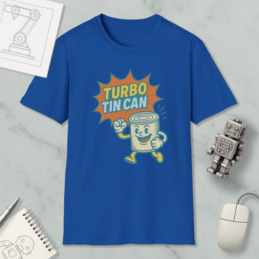 a blue t-shirt with a graphic design of a tin can character, along with a computer mouse and a notebook.