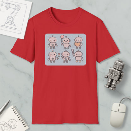 a red t-shirt with a graphic of six cartoon robots, along with a computer mouse, a notebook, and a pen on a marble surface.