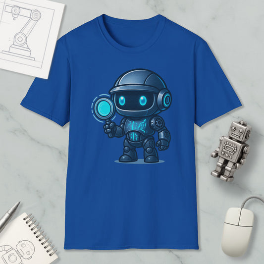 a blue t-shirt with a cartoon robot design, along with various objects such as a computer mouse, a notebook, and a pen.