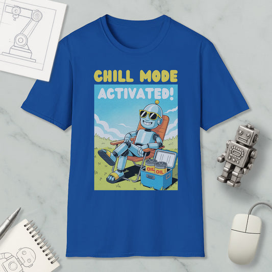 a blue t-shirt with a cartoon robot sitting in a chair and holding a cooler, with the text "CHILL MODE ACTIVATED!" printed on it.