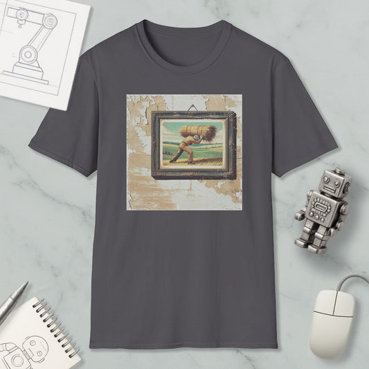 a gray t-shirt with a framed painting of a man carrying a large bundle on his back, surrounded by various objects such as a computer mouse, a robot, and a notebook.