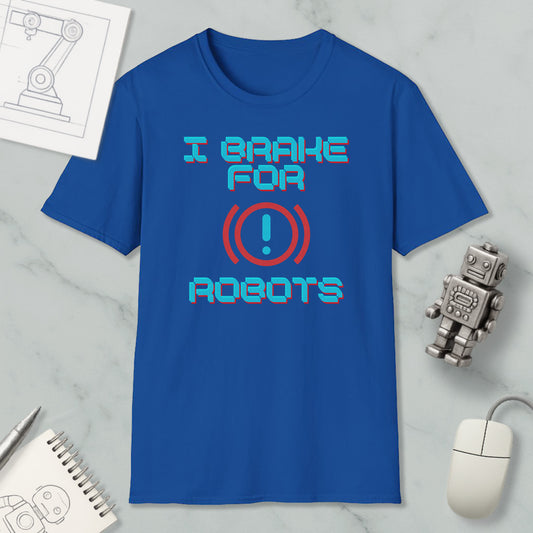 a blue t-shirt with the text "I Brake for Robots" printed on it, along with a robot figure and a computer mouse.