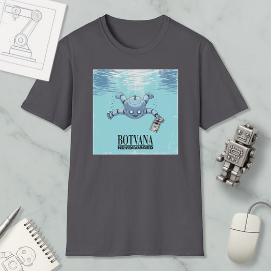 a gray t-shirt with a graphic design depicting a robot underwater, accompanied by the text "BOTYANA NARROW-MINDED".