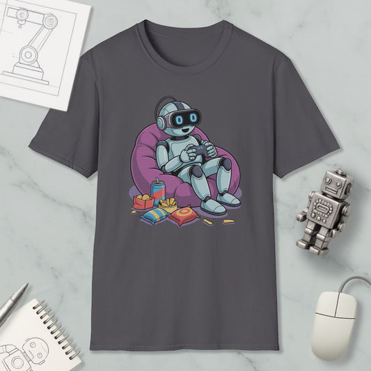 A gray t-shirt with a cartoon robot sitting in a bean bag chair, holding a game controller, surrounded by snacks and a toy robot.
