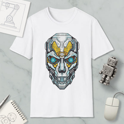 a white t-shirt with a graphic design of a robot or cyborg head, along with various objects such as a computer mouse, a notebook, and a pen.