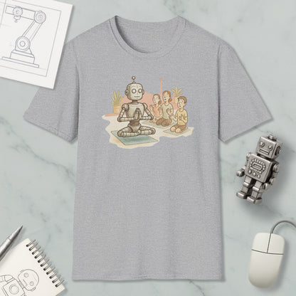 a gray t-shirt with a cartoon illustration of a robot sitting on a mat, surrounded by three people. The t-shirt is placed on a marble surface, along with a computer mouse, a notepad, and a small robot figurine.