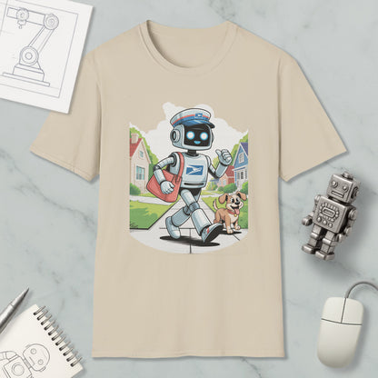a t-shirt with a cartoon robot character, a dog, and a robot toy, along with some other items such as a computer mouse and a notebook.