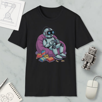 A black t-shirt with a graphic design depicting a robot sitting in a bean bag chair, holding a controller, surrounded by snacks and a toy robot.