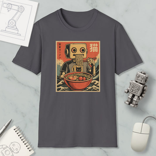 a gray t-shirt with a graphic design depicting a robot eating noodles, surrounded by various objects such as a computer mouse, a notebook, and a robot figurine.