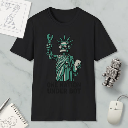 a black t-shirt with a graphic design depicting a robot figure holding a wrench and a book, accompanied by the text "ONE NATION UNDER BOT".
