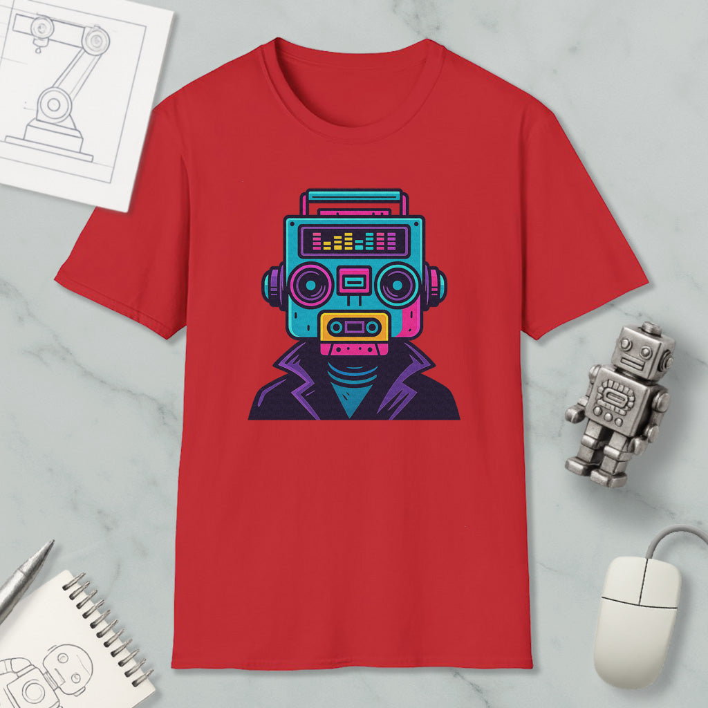 a red t-shirt with a colorful graphic of a robot or robot-like figure, along with various objects such as a mouse, a notebook, and a pen.