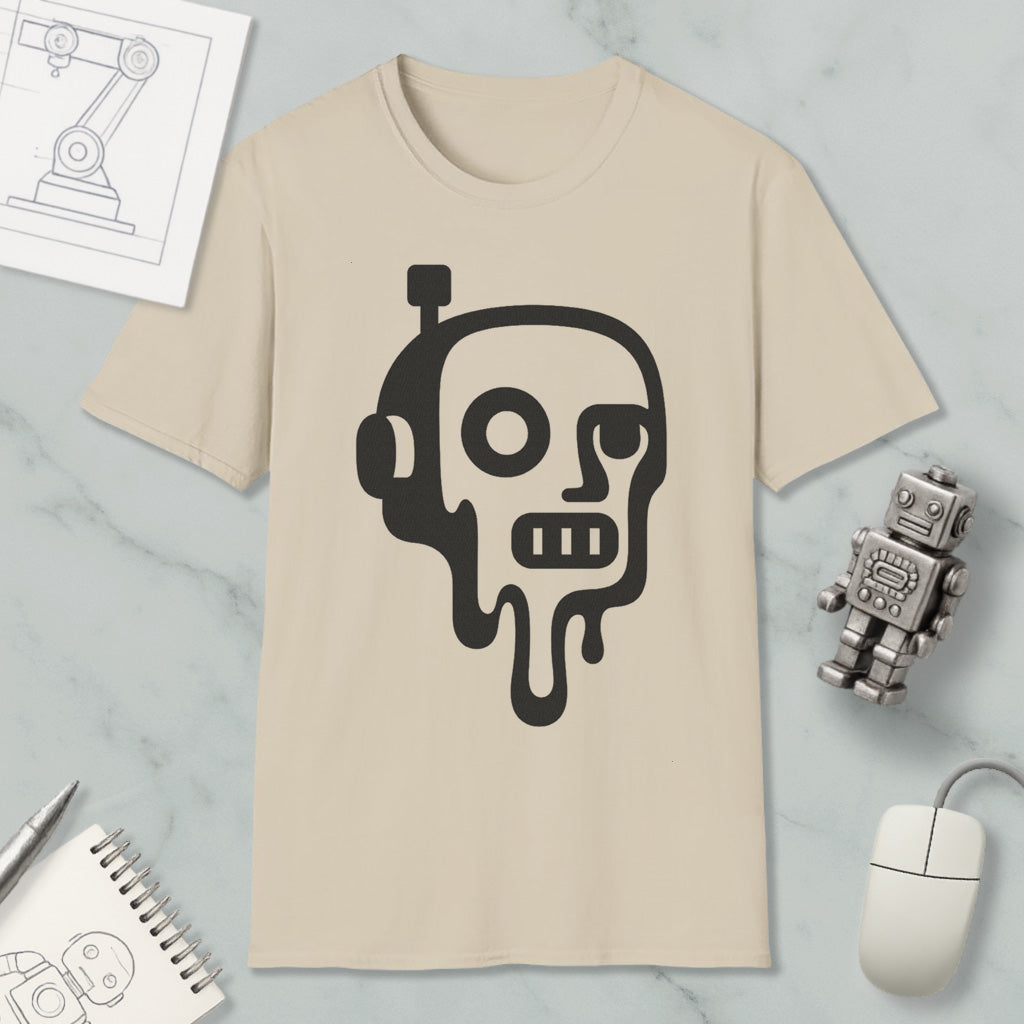a beige t-shirt with a black graphic design depicting a robot or robot-like figure with dripping or melting features, accompanied by various objects such as a computer mouse, a notebook, and a small robot figurine.