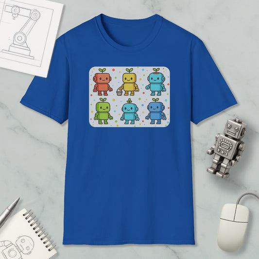 a blue t-shirt with a colorful graphic of six cartoon robots, each with a unique design and color. The t-shirt is displayed on a marble surface, along with a computer mouse, a spiral notebook, and a small robot figurine.