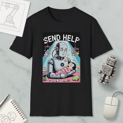 a black t-shirt with a graphic design depicting a robot figure holding a baby, surrounded by various objects such as a computer mouse, a notebook, and a toy robot.