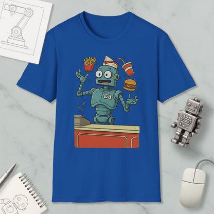 a blue t-shirt with a cartoon robot holding a burger, fries, and a drink, surrounded by various objects such as a computer mouse, a notebook, and a pen.