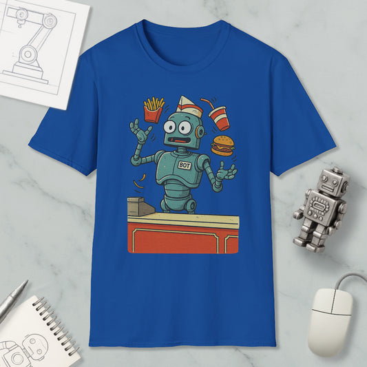 a blue t-shirt with a cartoon robot holding a burger, fries, and a drink, surrounded by various objects such as a computer mouse, a notebook, and a pen.