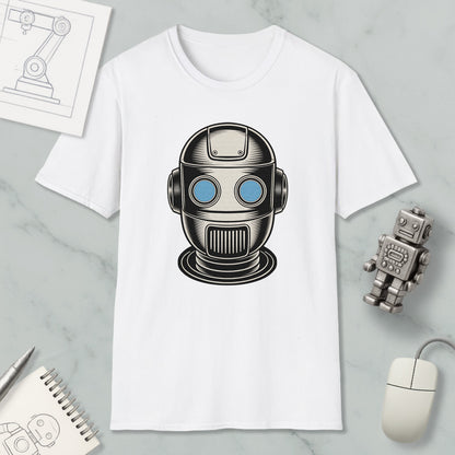 a white t-shirt with a graphic of a robot or robot head, along with various objects such as a computer mouse, a notebook, and a pen.