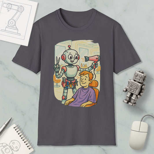 A t-shirt with a cartoon illustration of a robot giving a haircut to a person, accompanied by a computer mouse, a notebook, and a toy robot on a marble surface.