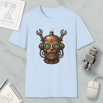 a light blue t-shirt with a robot head design, along with various objects such as a computer mouse, a notebook, and a sketch of a machine.