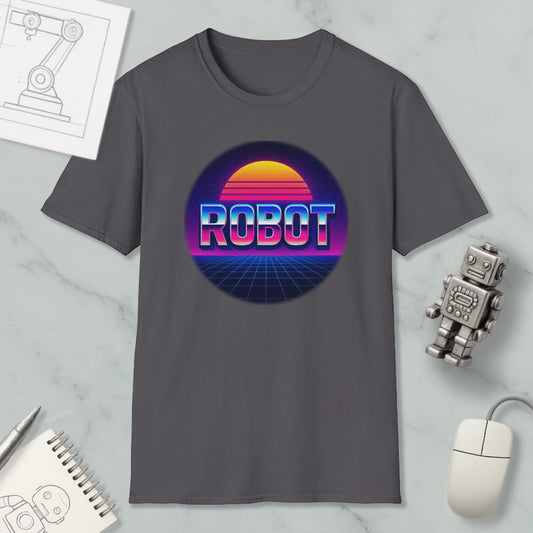 a gray t-shirt with a graphic design of a robot and a sunset, along with a computer mouse and a notebook.