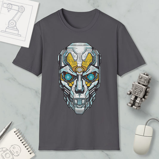 a gray t-shirt with a graphic design of a futuristic robot or cyborg head, along with various objects such as a computer mouse, a notebook, and a pen.