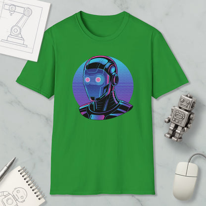 a green t-shirt with a graphic of a robot or cyborg, along with various objects such as a computer mouse, a notebook, and a pen.
