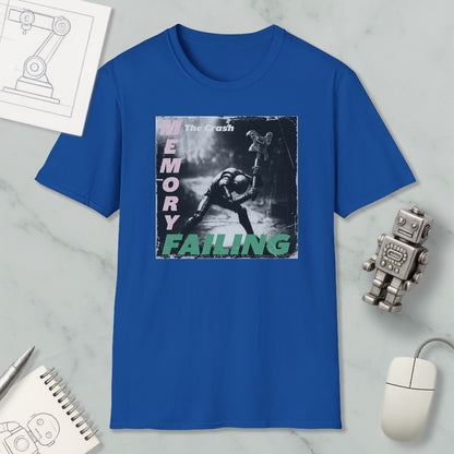 a blue t-shirt with a graphic design depicting a person in a robot-like pose, along with the text "The Crash Memory Failure".