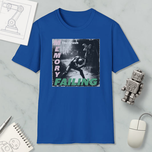 a blue t-shirt with a graphic design depicting a person in a robot-like pose, along with the text "The Crash Memory Failure".
