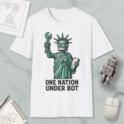 A white t-shirt with a graphic design depicting a robot figure holding a wrench and a tablet, accompanied by the text "ONE NATION UNDER BOT".