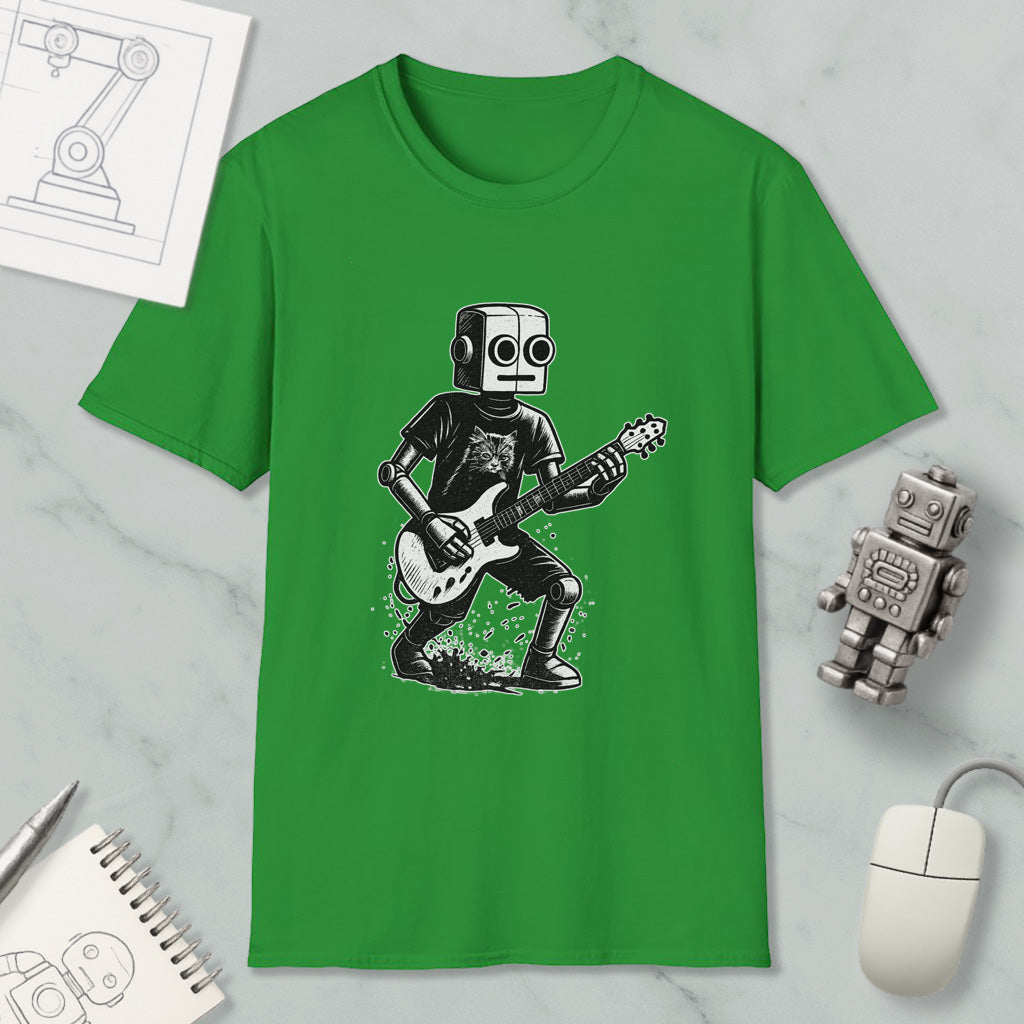 a green t-shirt with a graphic of a robot playing a guitar, along with a computer mouse and a notebook.