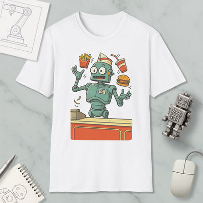 A white t-shirt with a cartoon robot standing on a table, surrounded by various objects such as a computer mouse, a notebook, and a hamburger.